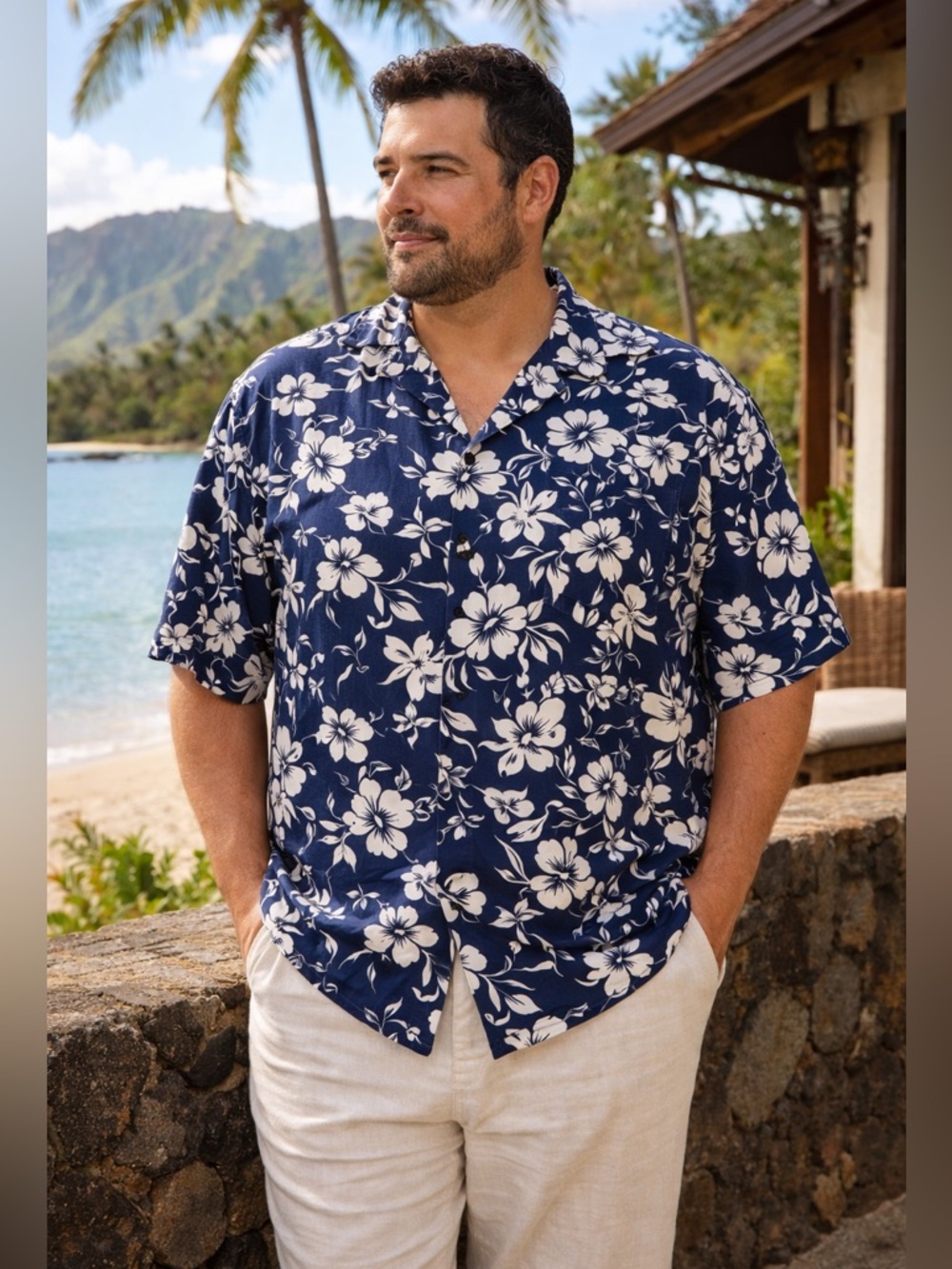 Hilo Hattie Hawaiian Shirt 3XL Made in Hawaii Blue White Floral Aloha Resort
